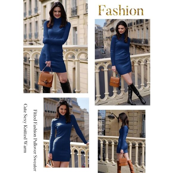 Women's Turtleneck Long Sleeve Bodycon Fall Mini Slim Knit Sweater Dress Navy - Picture 5 of 5